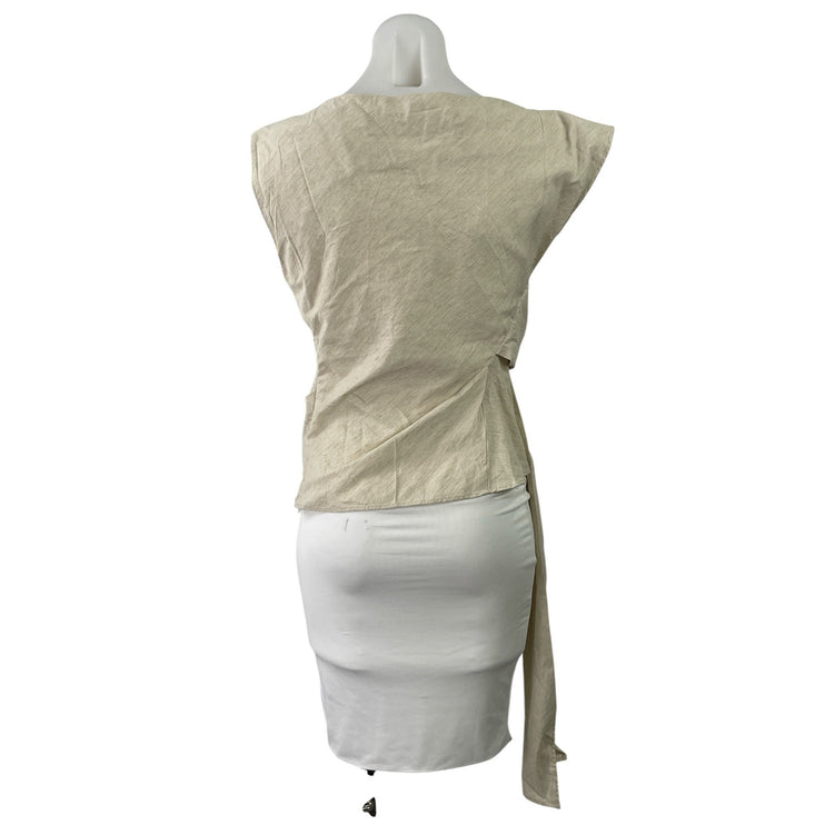 Zara Womens Beige Linen Blend Cap Sleeve Draped Tie Knot Front Blouse Top Size S