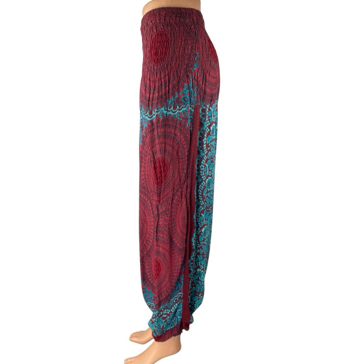 Women's Red Blue Floral Smocked Drapey Tapered Jogger Harem Pants One Size
