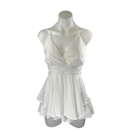 Lovesong White Sleeveless V Neck Tiered A Line Flare Tie Romper Shorts Size S