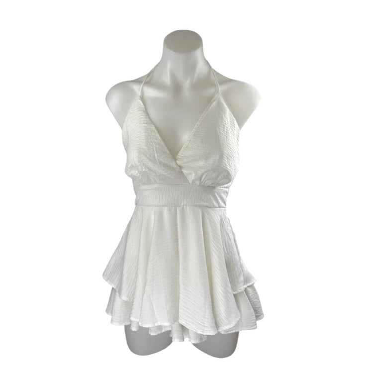 Lovesong White Sleeveless V Neck Tiered A Line Flare Tie Romper Shorts Size S