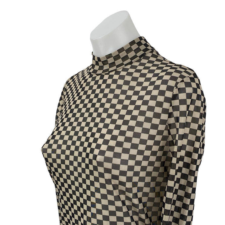 Things I Like Things I Love Beige Checkered Long Sleeve Mock Neck Blouse Top S