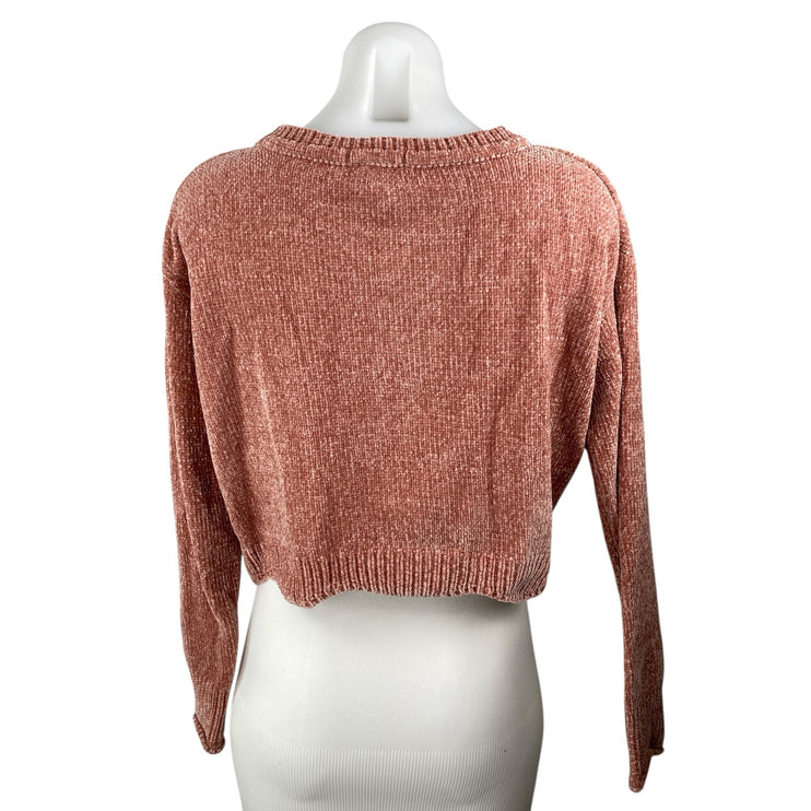 Aqua Women's Pink Tan Chenille Knit Crewneck Long Sleeve Crop Sweater Top Size S