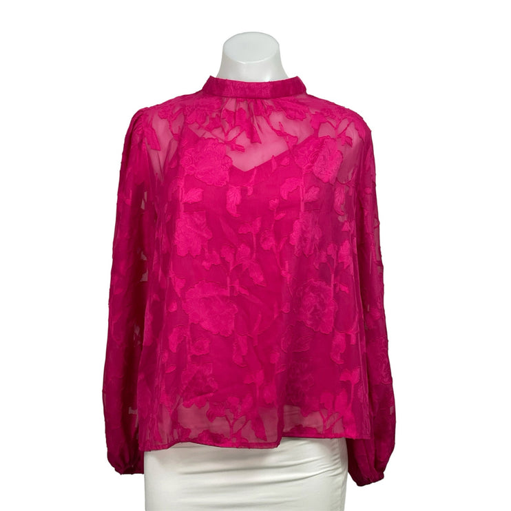 Flying Tomato Women's Pink Long Sleeve Floral Lace Sheer Mock Neck Blouse Top S