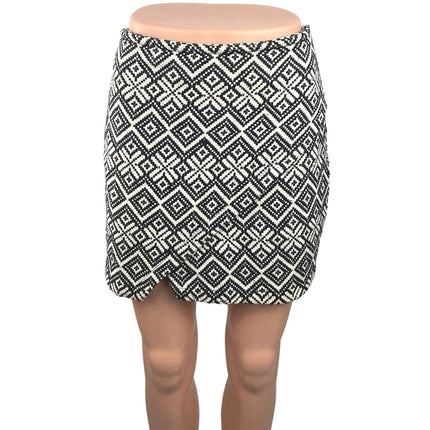 Mango Black White Aztec Argyle Print Slit High Waisted Mini Pencil Skirt Size 8