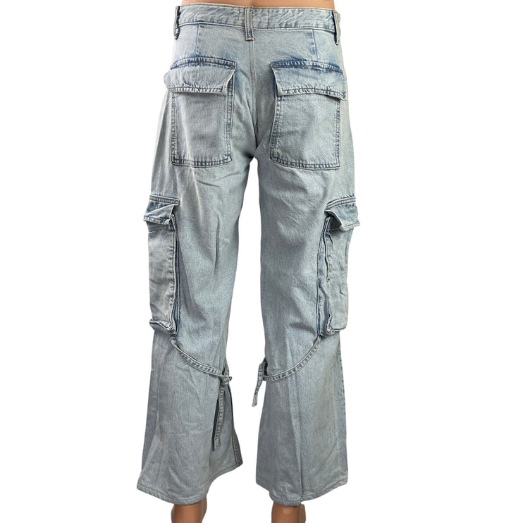 Zara Womens Blue Light Wash Mid Rise Wide Leg Baggy Cargo Denim Jeans Pants Sz 8