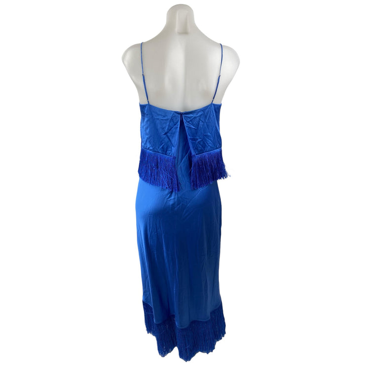 Cinq a Sept Blue Silk Satin Fringe Sleeveless Slit Cami Blouson Midi Dress Sz M