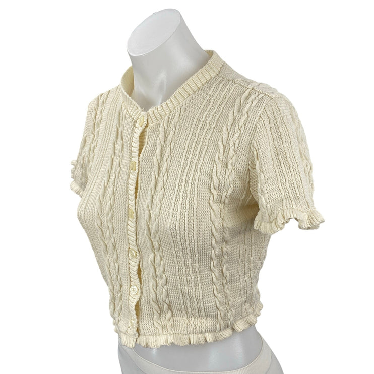 Zara Women's Cream Cable Knit Short Sleeve Button Down Sweater Crop Top Size M