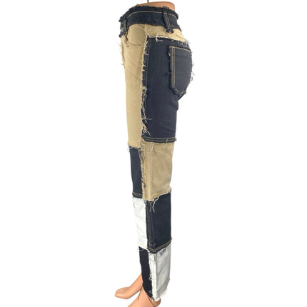 Womens Black Beige Colorblock Patchwork Frayed High Rise Straight Denim Jeans XS