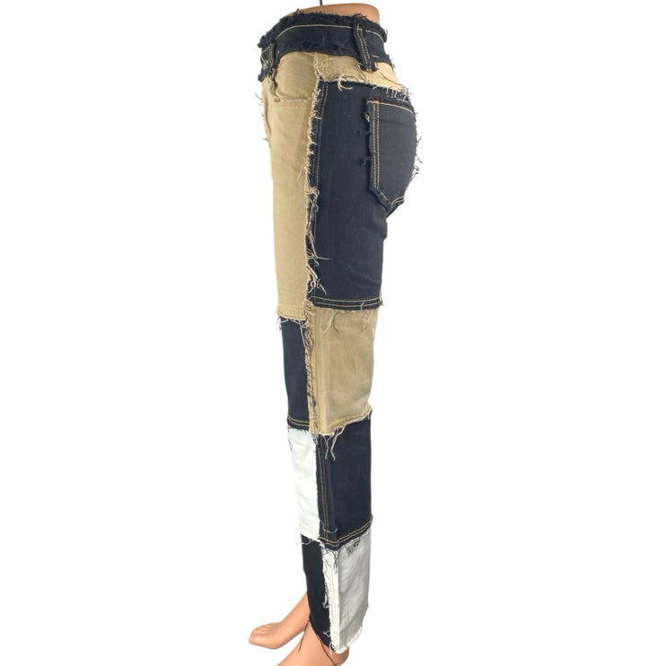 Womens Black Beige Colorblock Patchwork Frayed High Rise Straight Denim Jeans XS