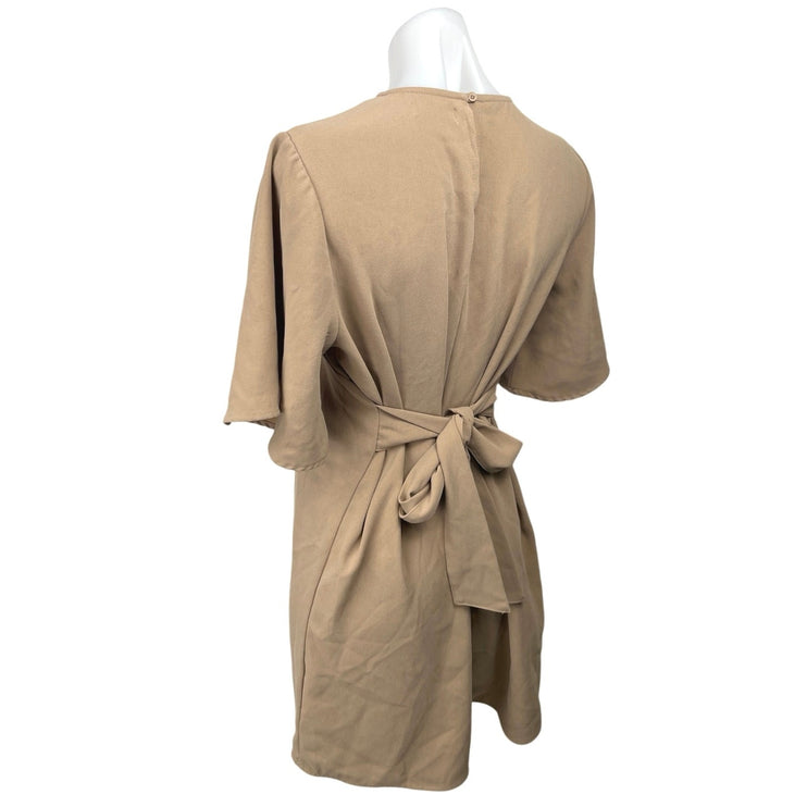 Oak + Fort Tan Brown Keyhole Neck Flutter Sleeve Tie Waist Mini Shift Dress M