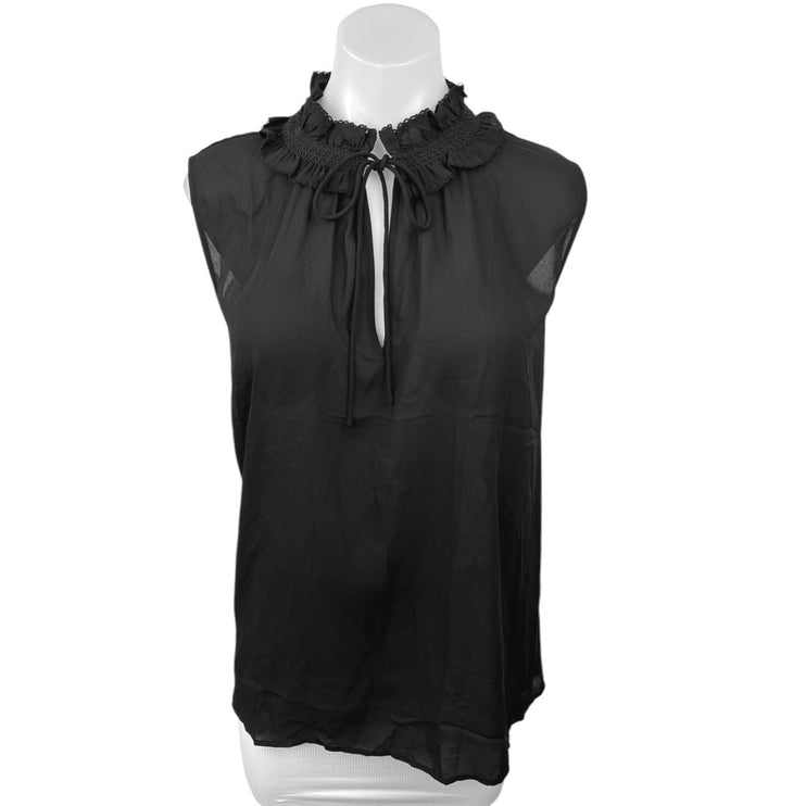 NEW LOFT Black Ruffle Mock Tie Neck Sleeveless Sheer Blouse Tank Top Size XL