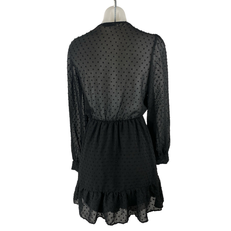 Zara Women's Black Swiss Dot Sheer V Neck Long Sleeve Mini A-Line Wrap Dress S