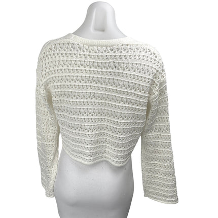 Women's White Crochet Knit Long Sleeve V Neck Crop Button Up Cardigan Sweater 14