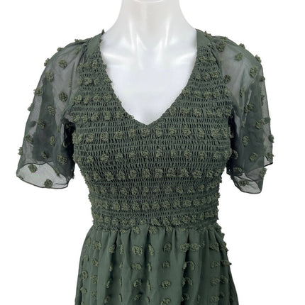 BTFBM Green Polka Swiss Dot Short Sleeve Smocked V-Neck Mini Fit & Flare Dress S