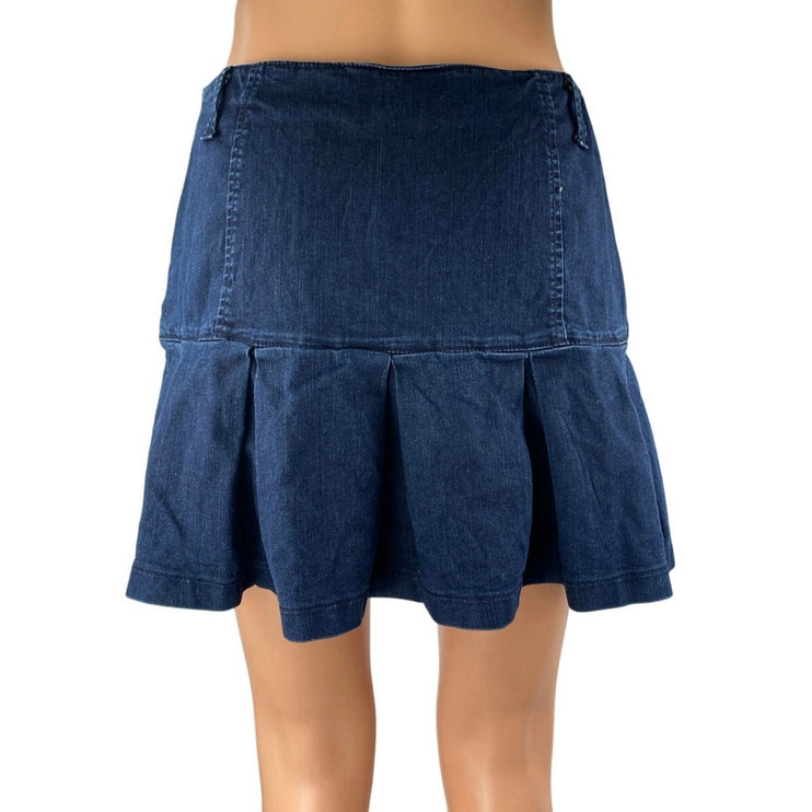 E-Land Blue Gold Button Flare Pleated Side Zip A Line Denim Jean Skirt Size S