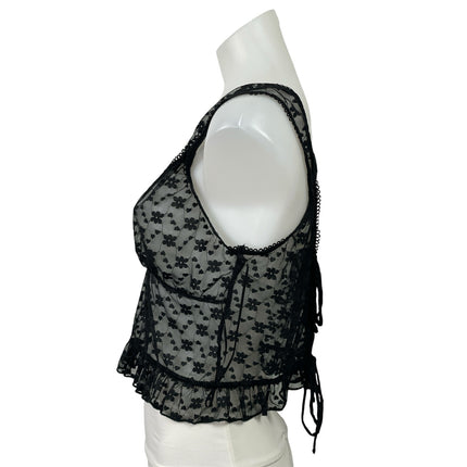 Victoria + Sophia Black Floral Lace Sleeveless Ruffle Sheer Crop Tank Top Size L