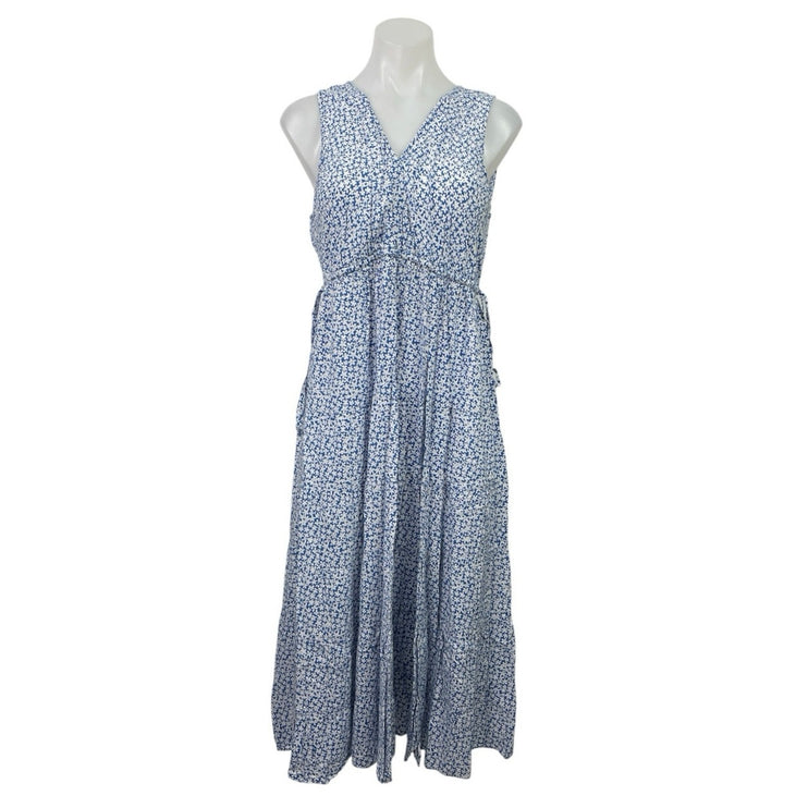 Max Studio Women's Blue Floral V Neck Sleeveless Maxi Tank Flare A-Line Dress L