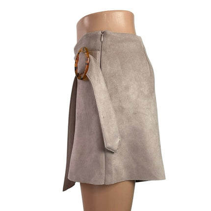 Zara Women's Beige Faux Suede Zip Y2k Ring Boho Mini Skirt Short Skort Size S