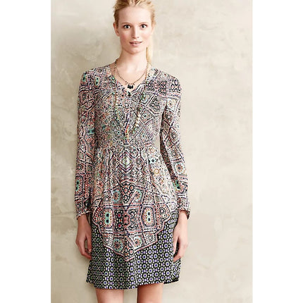 Anthropologie Tiled Amethyst Long Sleeve Geometric Smocked Mini A Line Dress S
