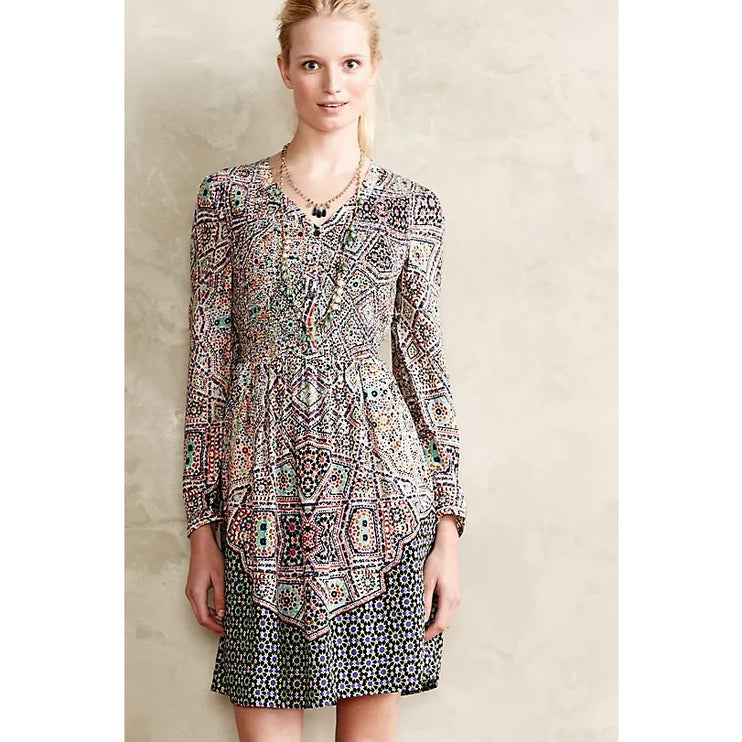 Anthropologie Tiled Amethyst Long Sleeve Geometric Smocked Mini A Line Dress S