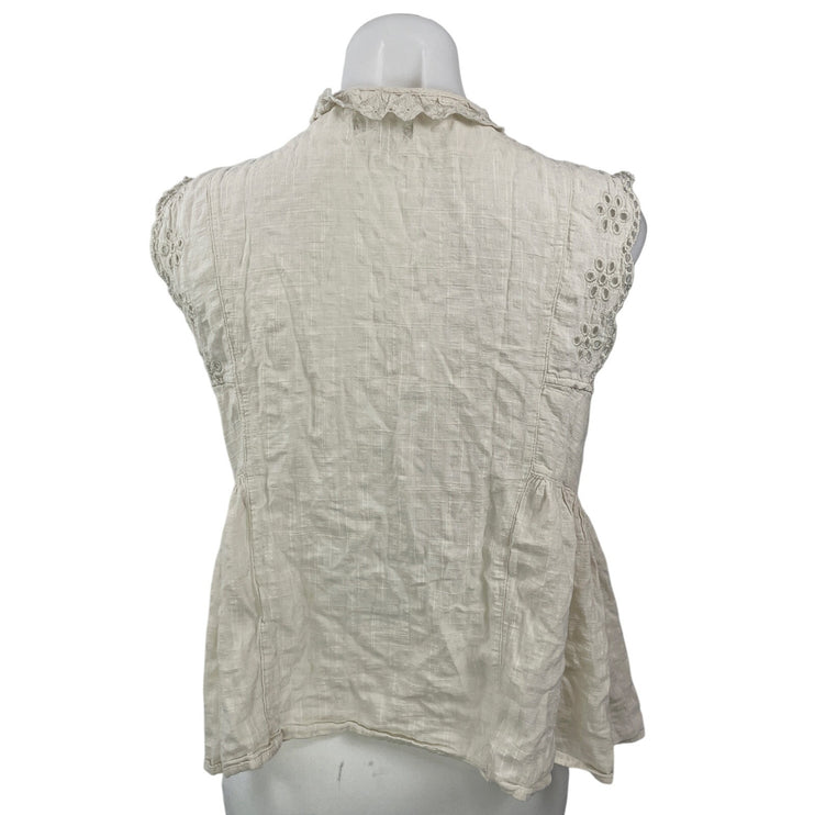 Max Studio Women's Beige Sleeveless Ruffles Crochet Button Front Blouse Top Sz M
