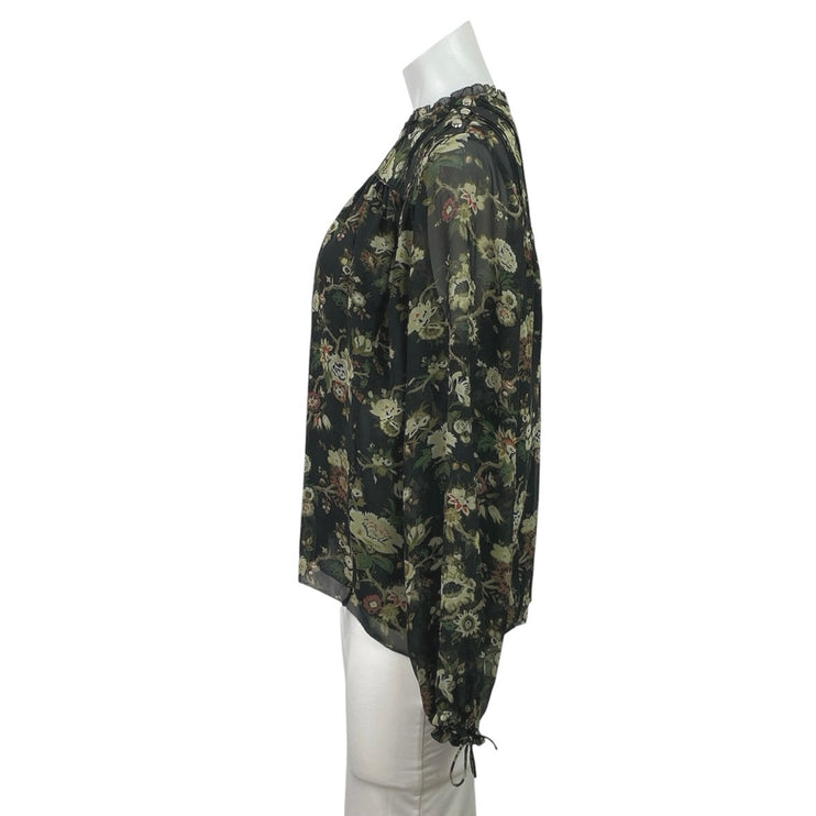 Aritzia Wilfred Black Floral Long Sleeve Chiffon Mesh Ruffle Blouse Top Size S