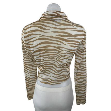 Forever 21 Beige Tan Zebra Animal Print Long Sleeve Button Up Crop Shirt Top M