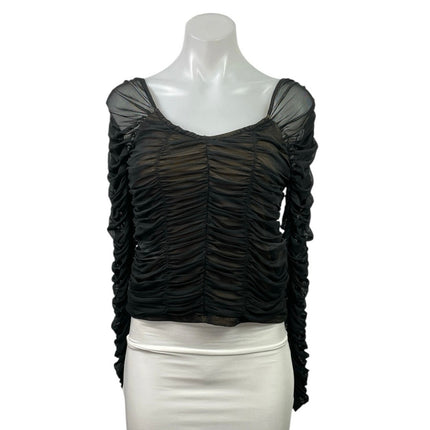 Good American Black All Over Ruched Mesh Scoop Neck Long Sleeve Blouse Top Sz L