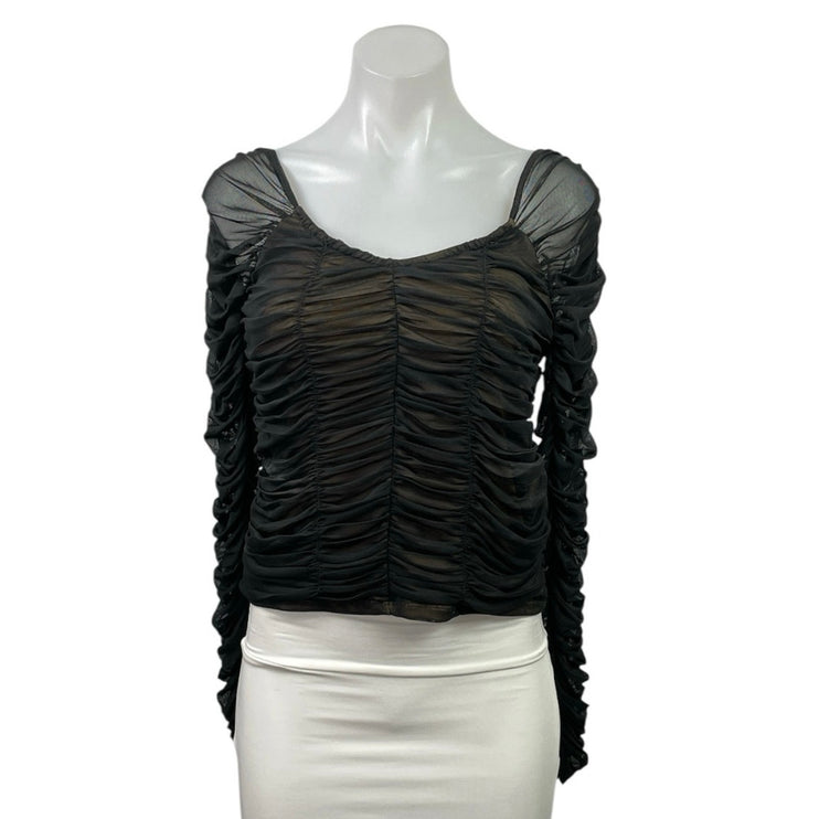 Good American Black All Over Ruched Mesh Scoop Neck Long Sleeve Blouse Top Sz L