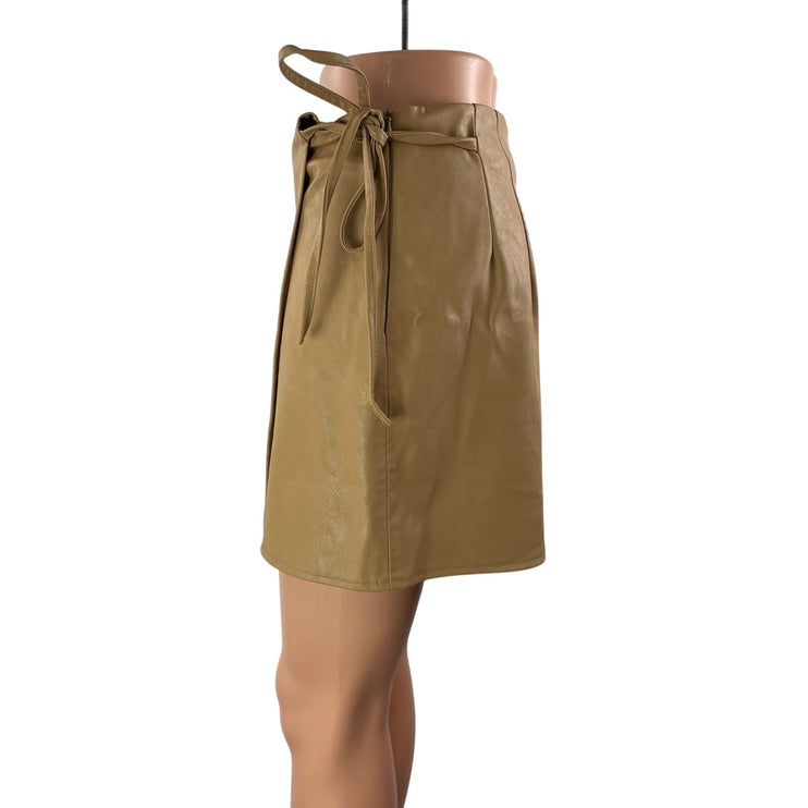 Zara Women's Tan Faux Leather Vegan High Waisted Tie Mini Short Skort Skirt M