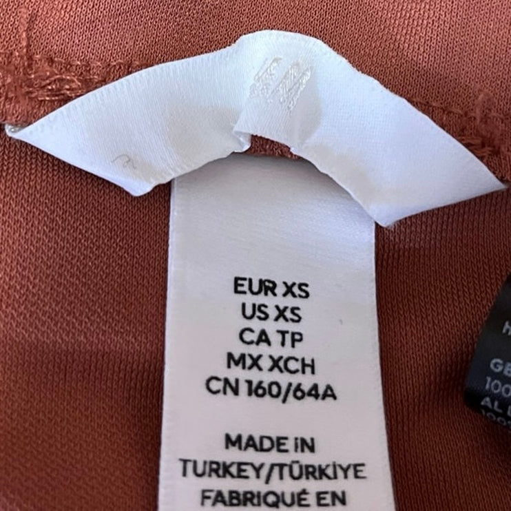 H&M Gusset Panel Brown Ruched Ruffle Draped Jersey Midi Straight Pencil Skirt XS