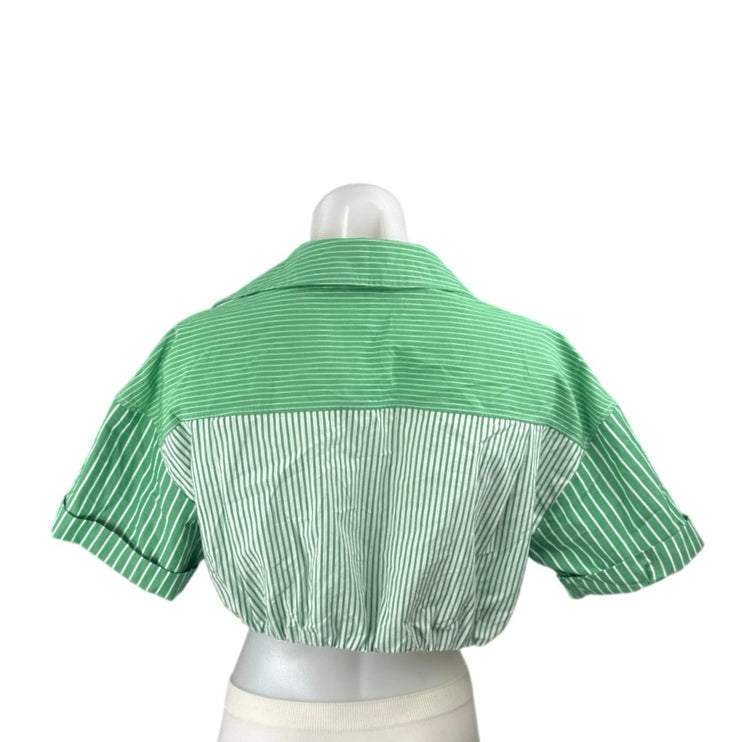 Zara Women's Green Striped Colorblock Short Sleeve Button Down Crop Top Size XS