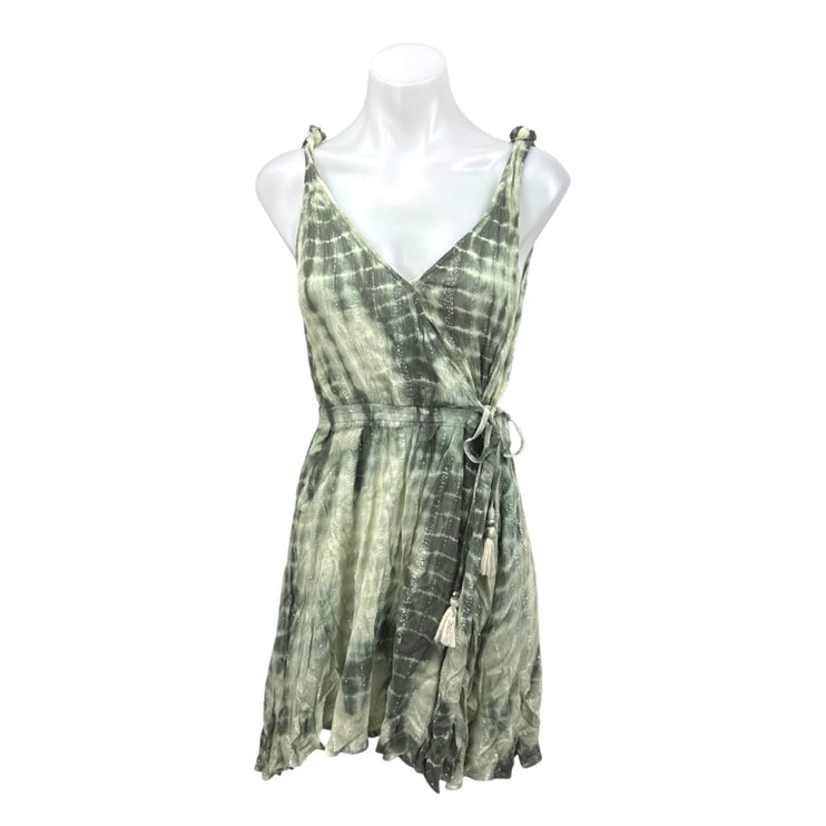 Band of Gypsies Green Metallic Tie Dye Sleeveless Mini Fit & Flare Wrap Dress S