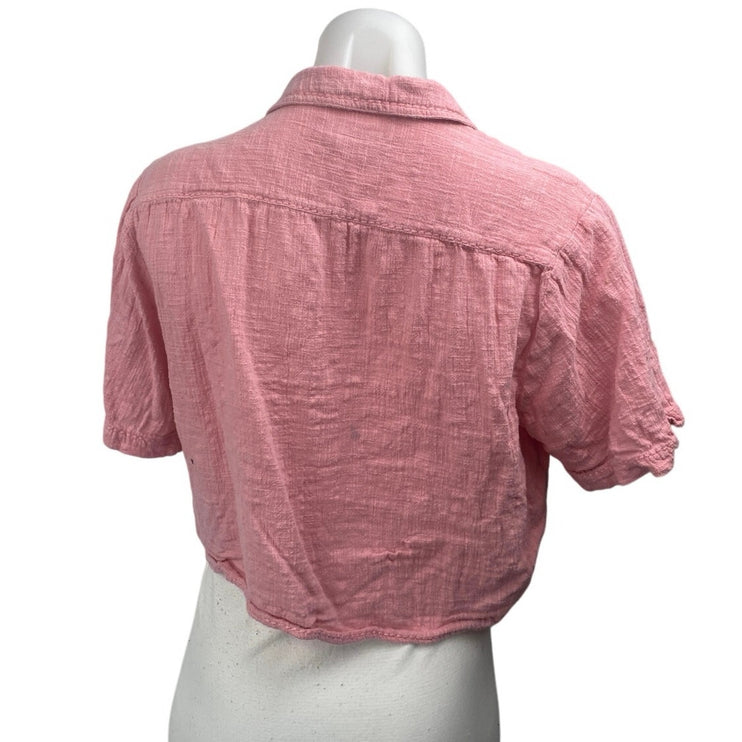 Urban Outfitters Sunshine Bowie Holiday Pink Embroidered Crop Shirt Top Size S