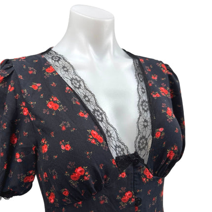 Miss Selfridge Black Floral Lace V-Neck Short Puff Sleeve Midi Shirt Dress Sz 4