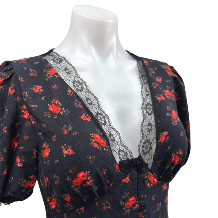 Miss Selfridge Black Floral Lace V-Neck Short Puff Sleeve Midi Shirt Dress Sz 4