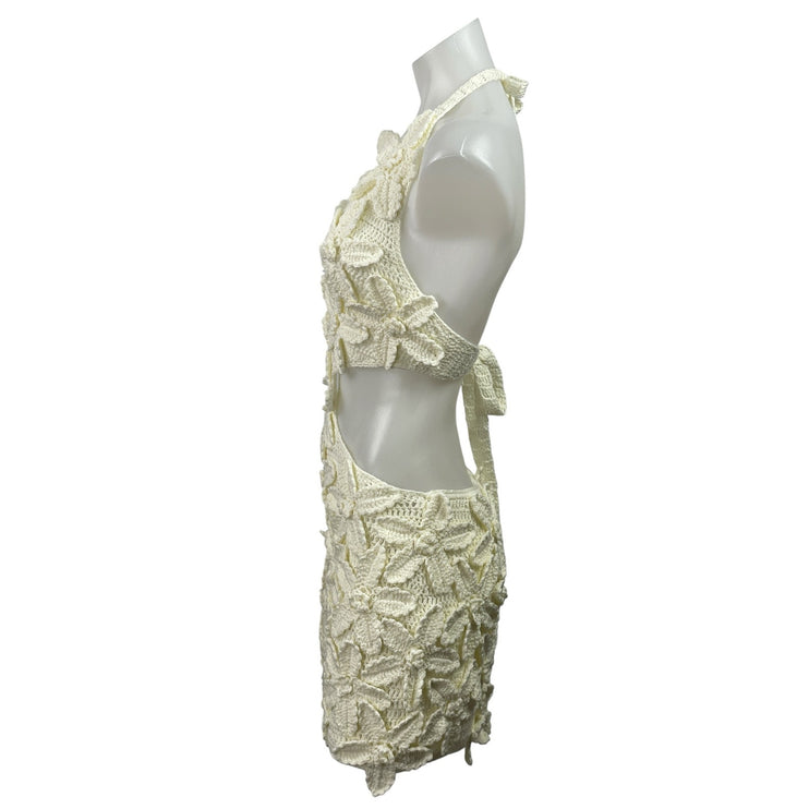 NEW MESHKI Jaylene Cream Ivory Floral Crochet Tie Back Cutout Mini Dress Size S