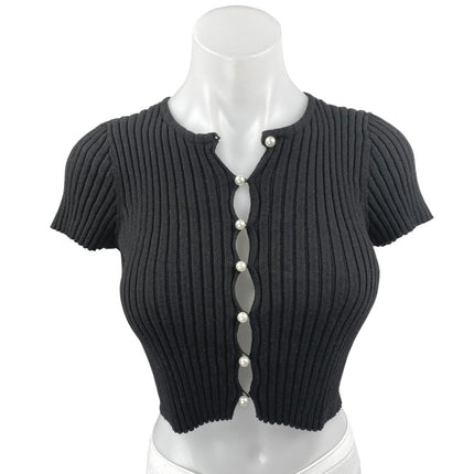 Cotton Candy LA Black Short Sleeve Ribbed Knit Button Front Crop Top Size M