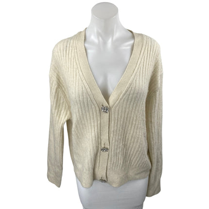H&M Women's Cream Rib Knit Jeweled Button Long Sleeve Cardigan Sweater Top Sz XL