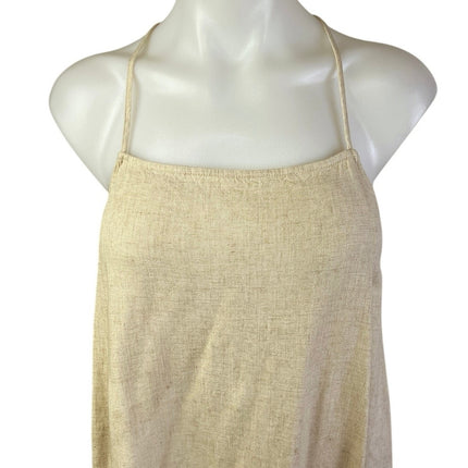 Women's Beige Linen Sleeveless Cami Camisole Spaghetti Strap Midi Slip Dress S