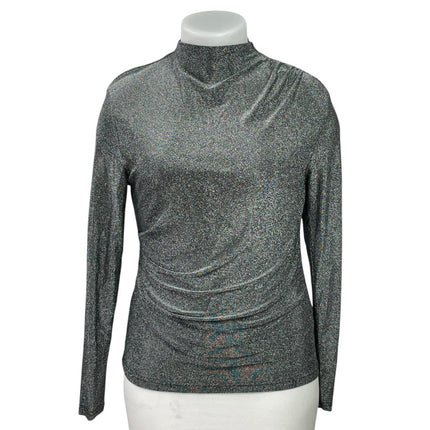 TU Silver Metallic Sparkle Ruched Mock Neck Long Sleeve T-Shirt Blouse Top Sz 16