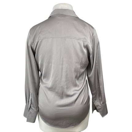 H&M Silver Gray Satin Collared Long Sleeve Office Button Down Shirt Blouse Top M