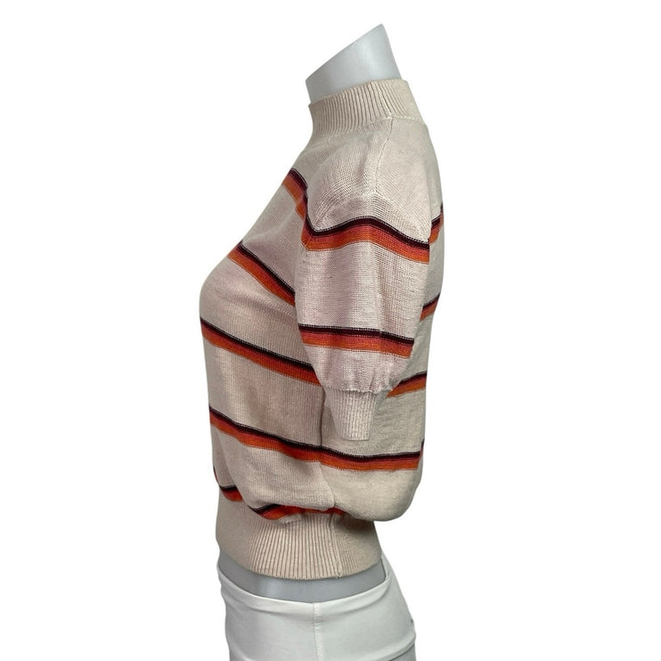 Free People Womens Beige Linen Striped Mock Neck Short Sleeve Sweater Top Size S