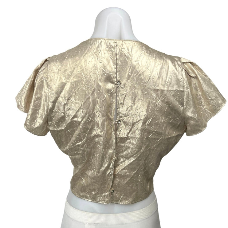 Zara Gold Metallic Faux Wrap V-neck Short Puff Sleeve Crop Blouse Top Size S