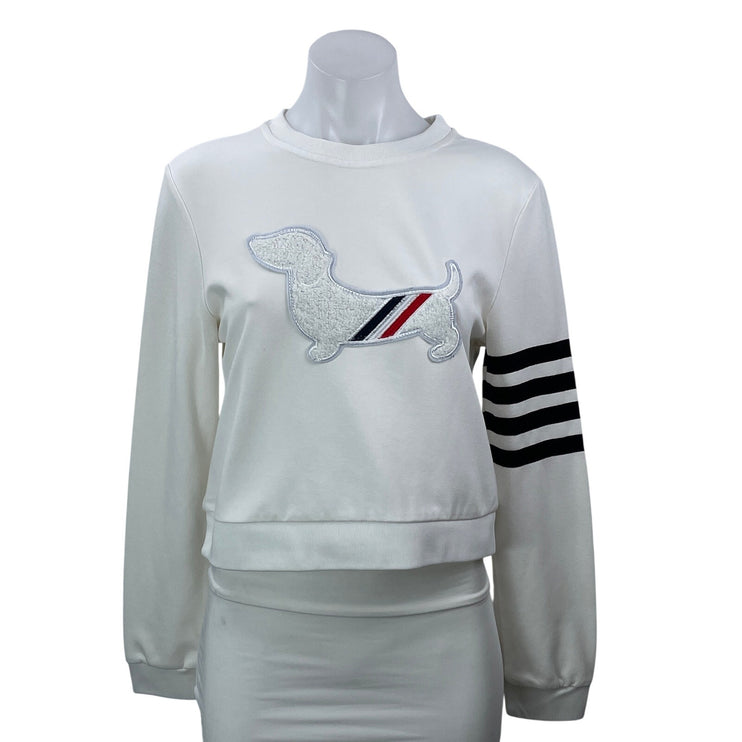 Thom Browne 100% Wool White Hector Embroidered Long Sleeves Sweatshirt Top Sz L