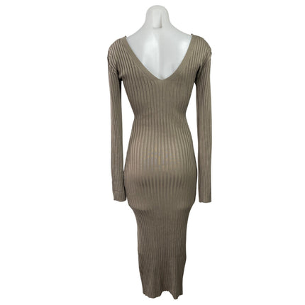 Fashion Nova Beige Taupe Long Sleeve V Neck Ribbed Knit Midi Bodycon Dress S