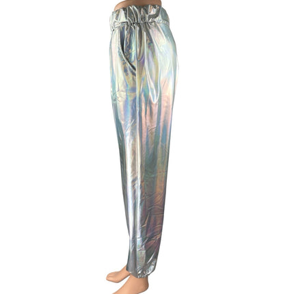 Women's Silver Metallic Irredescent Glossy Tapered High Waist Jogger Pants Sz L