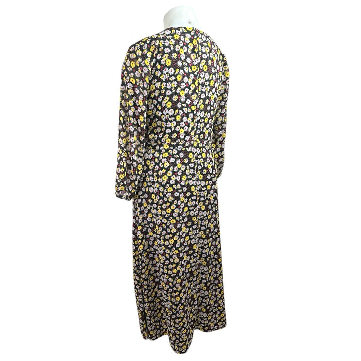 Madewell Black Yellow Floral Long Sleeve V Neck Faux Wrap A Line Maxi Dress 14