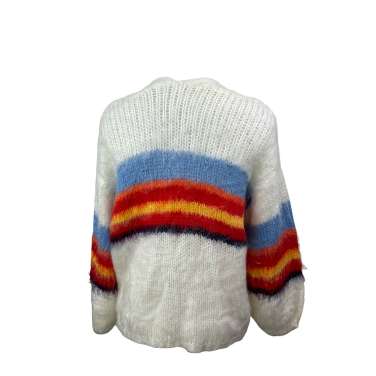 Women's Multicolor Color Block Chunky Knit Balloon Sleeve Cardigan Sweater Top S