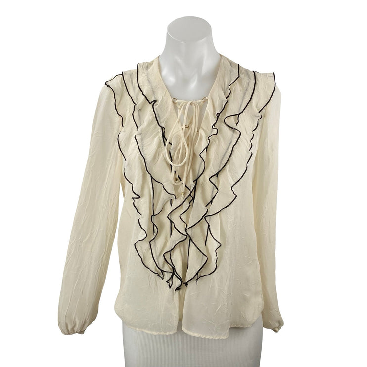 Zara Women's Cream Ruffle Tiered Tie Long Sleeve Shirt Blouse Top Size XS
